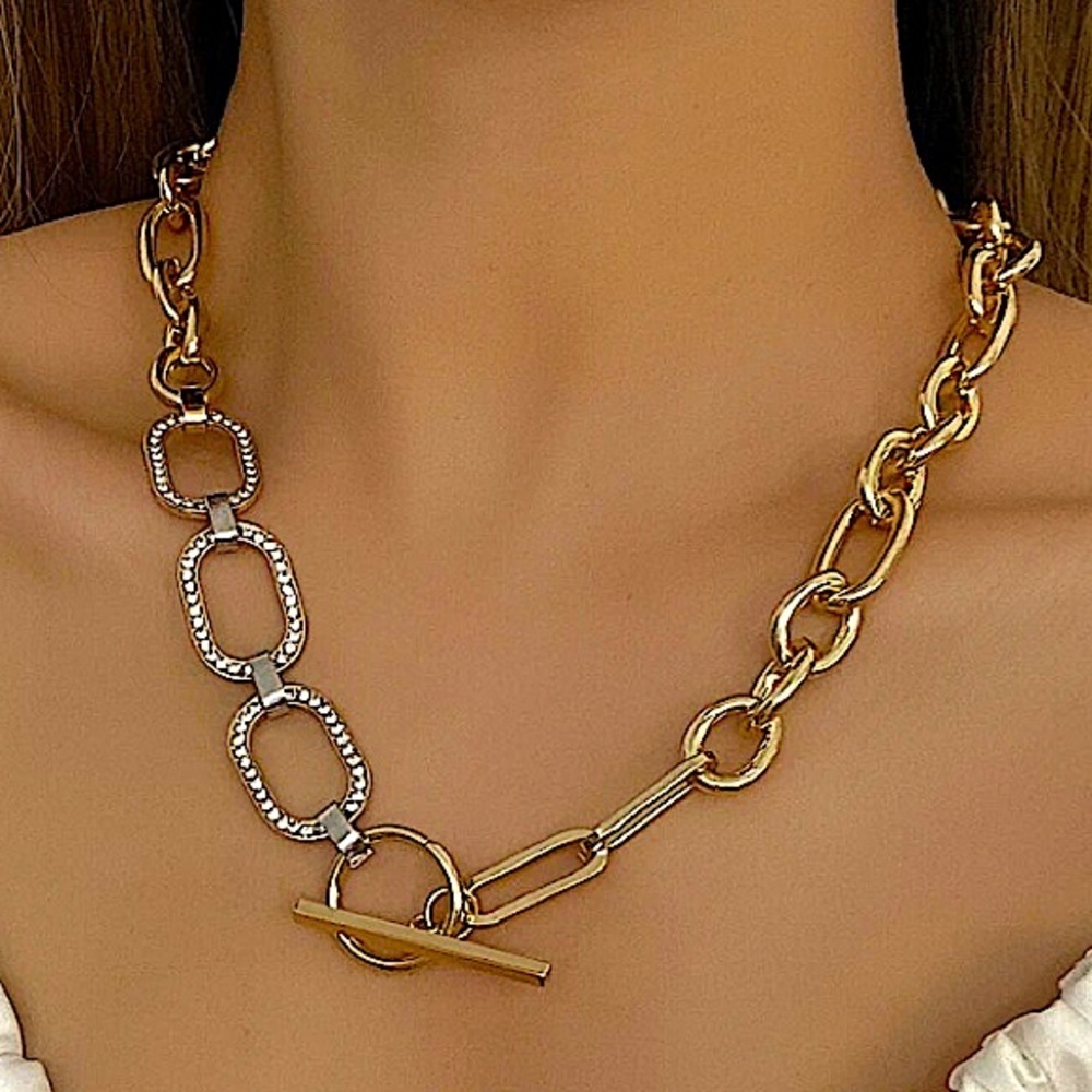 Gold Crystal Chain Link Toggle Statement Necklace